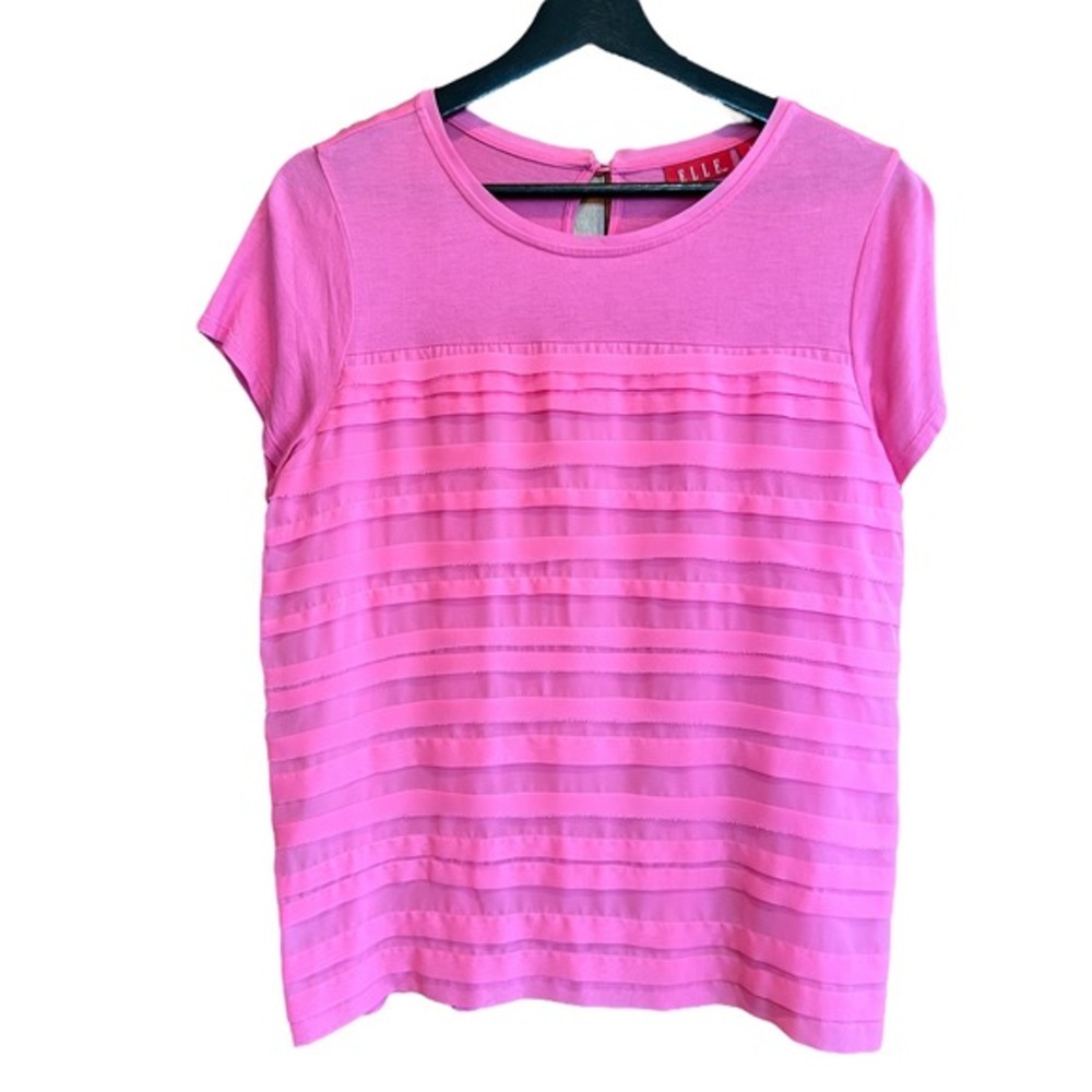 ELLE Pink Blouse Top Womens L Sheer Striped Detail Short Sleeve Lightweight